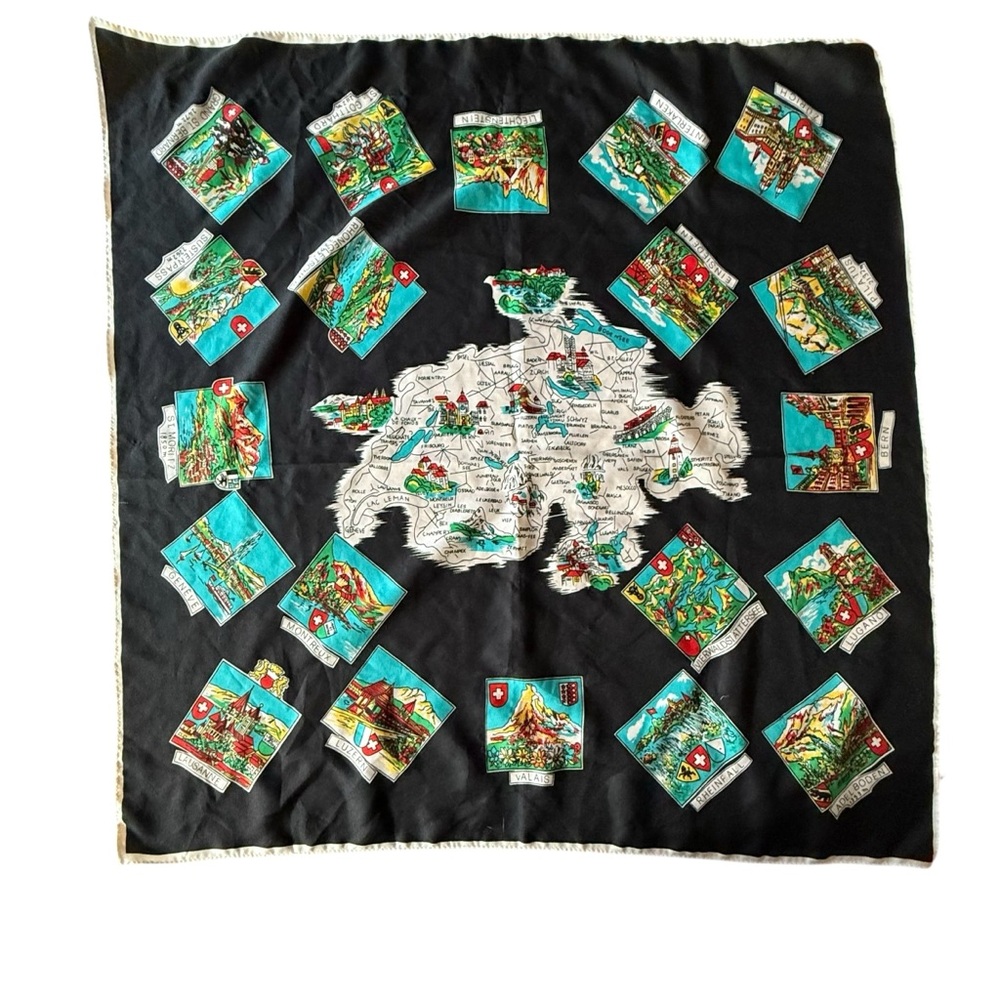 Vintage MCM Black Switzerland‎ Map Scarf 26” Square